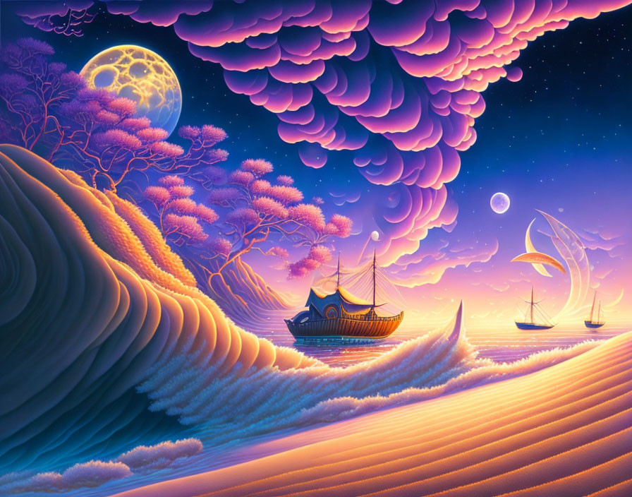 Vibrant surreal landscape with full moon, colorful trees, and sailing ships