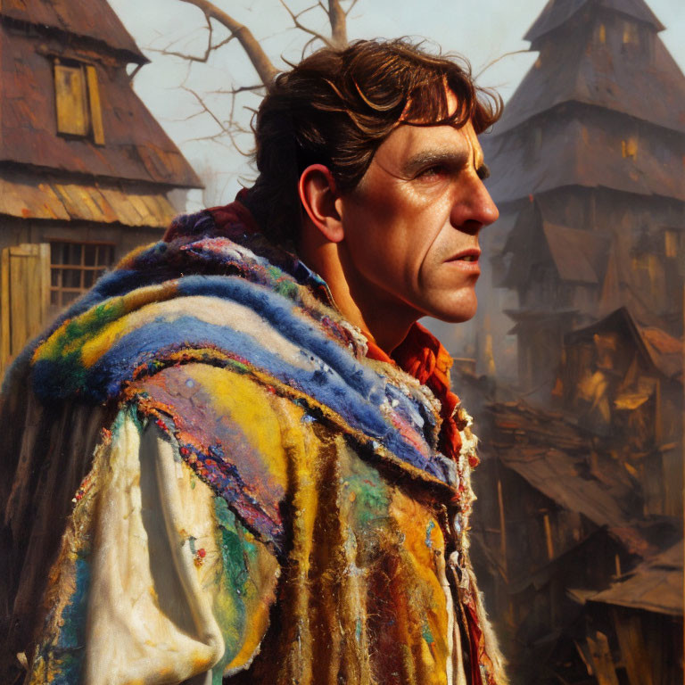 Prominent man in colorful cloak gazes at rustic buildings