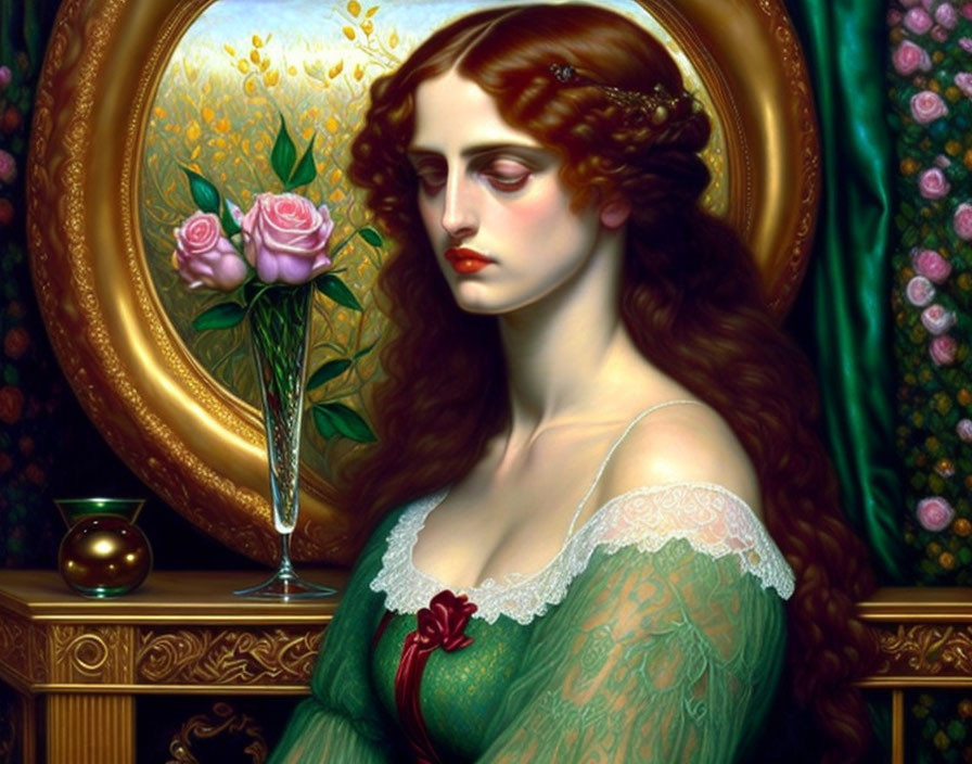 Portrait of woman in green dress with roses and nature backdrop