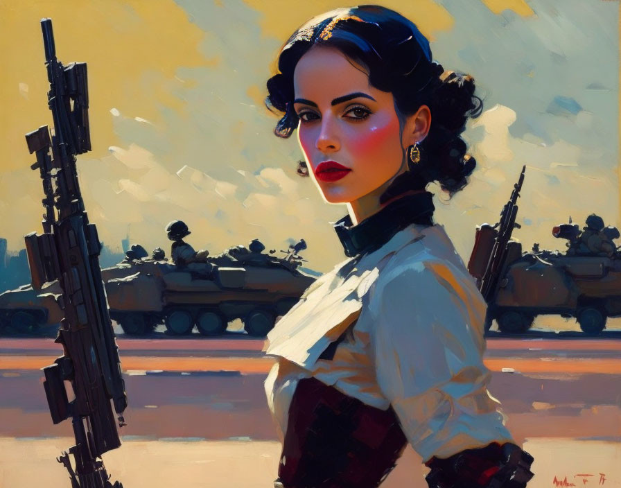 Stylized portrait of a woman with retro military aesthetic.