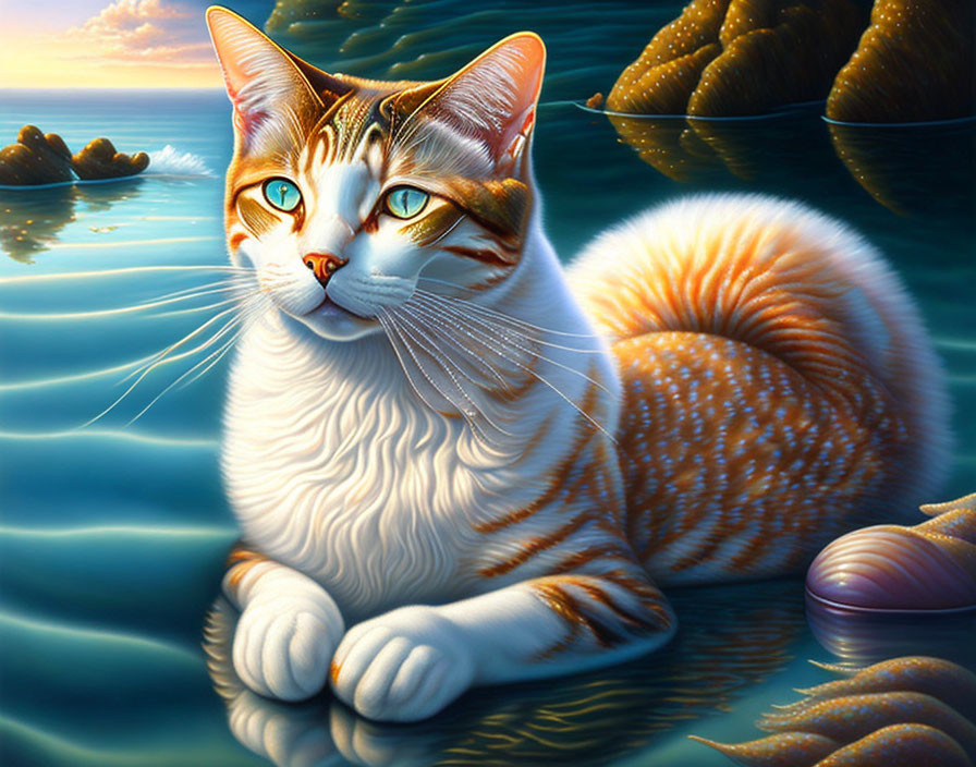 Vibrant Digital Artwork: Cat with Orange and White Fur by Calm Water at Sunset