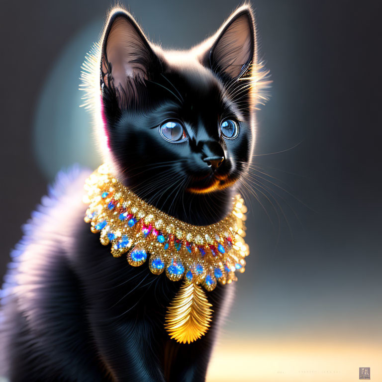 Black cat with blue eyes wearing gold and gemstone necklace under halo