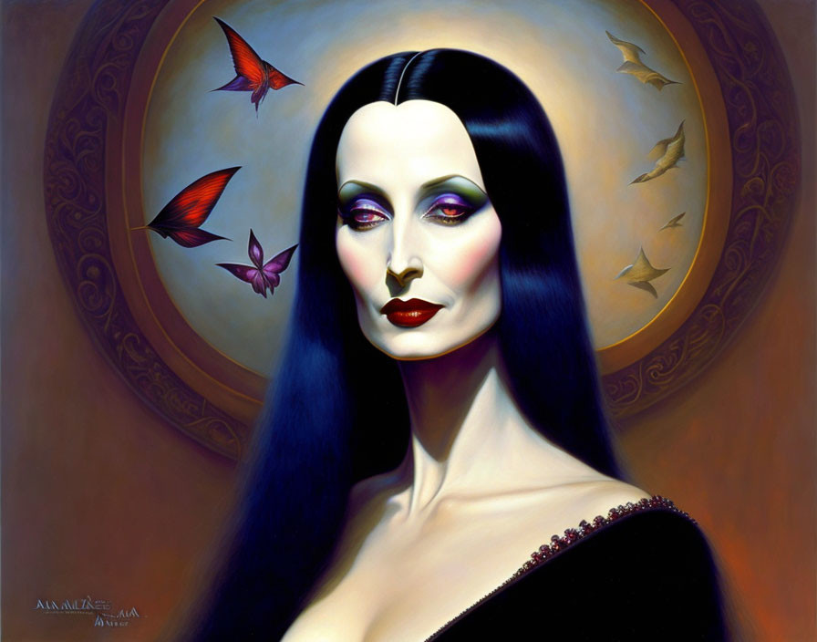 Stylized portrait of woman with pale skin, dark hair, colorful makeup, butterflies, golden halo