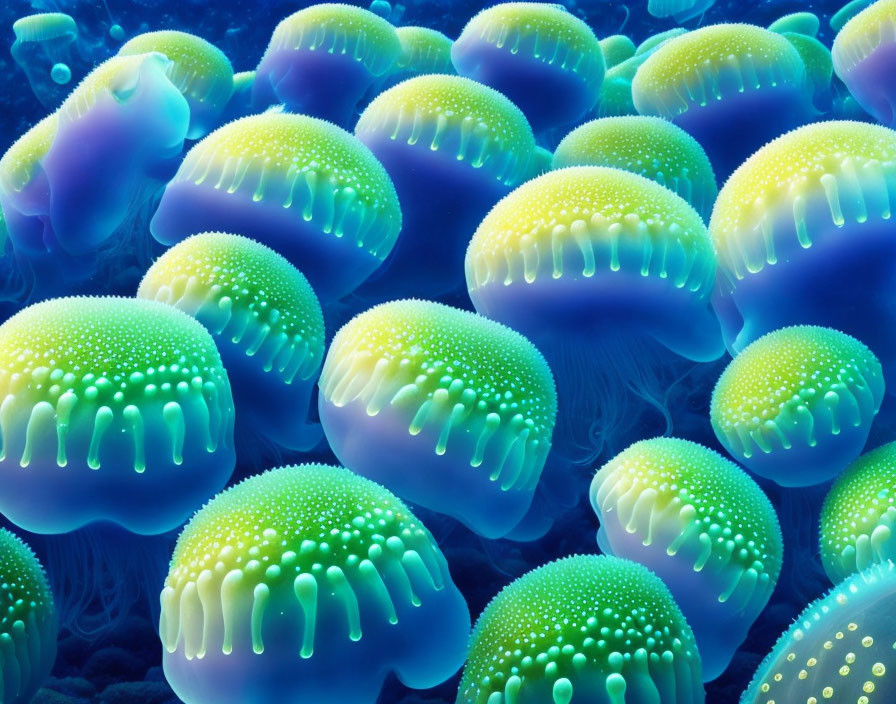 Bioluminescent jellyfish with glowing blue and green hues underwater