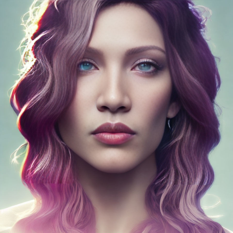 Portrait of Woman with Purple Hair and Striking Blue Eyes on Light Background