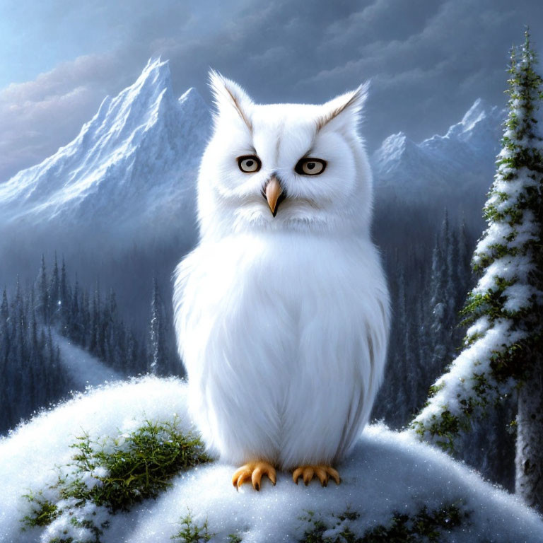 White Owl with Yellow Eyes on Snowy Perch Among Mountains