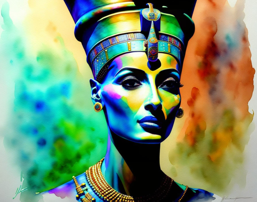 Vibrant Egyptian headdress portrait in blue and green hues