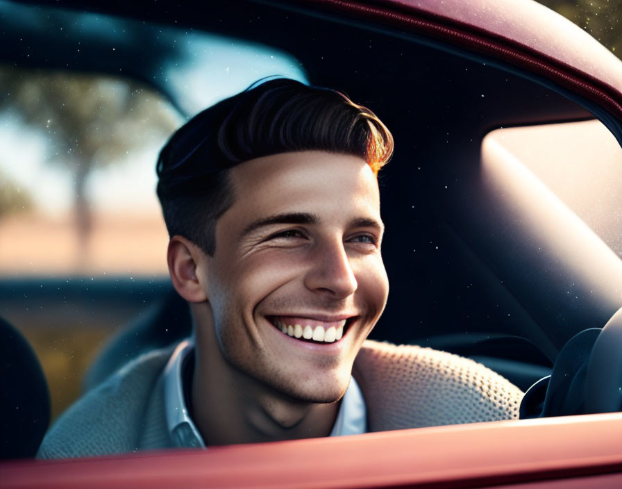 Man with Neat Hairstyle Sitting in Car, Looking to Side in Sunlit Setting