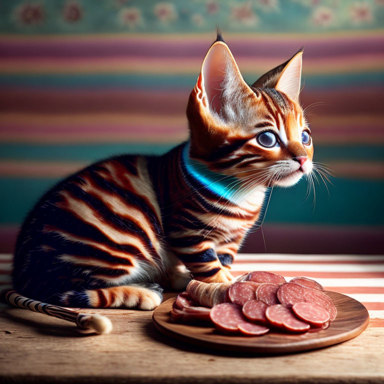 Adorable striped kitten eyeing sliced sausages on table