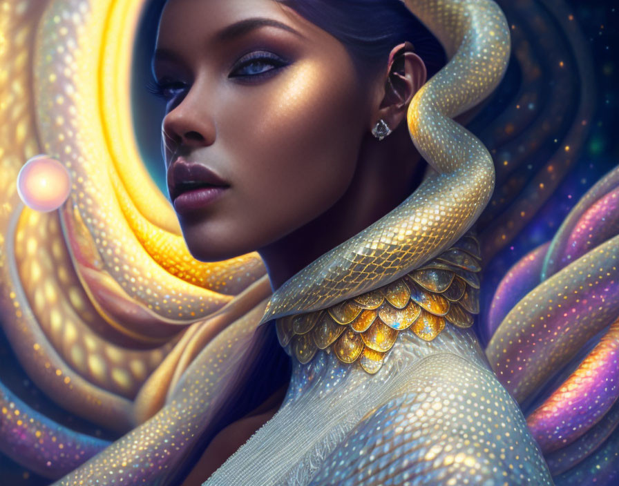 Portrait of Woman with Glowing Skin and Golden Serpent Against Cosmic Background