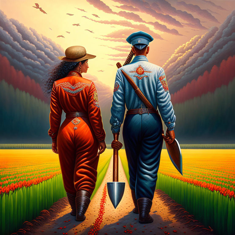 Man and woman in ornate uniforms holding hands in flower field with shovel and machete.