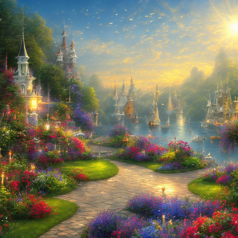 Fantasy landscape with sunlit path, castle, gardens, flowers, ships, and birds