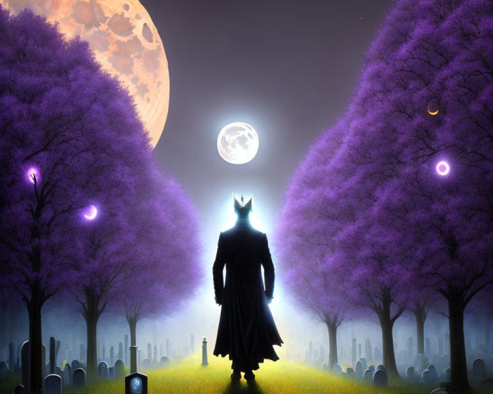 Mysterious wolf-headed figure in moonlit graveyard with fireflies