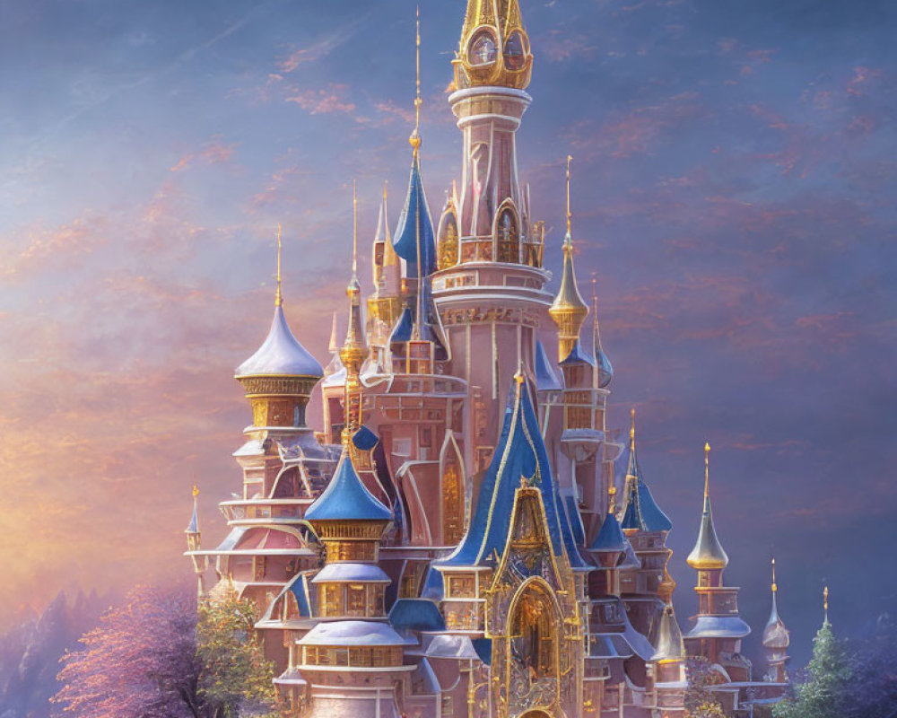 Fantastical castle with soaring spires and blue rooftops at twilight