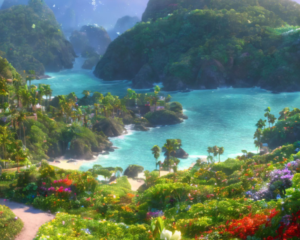 Tranquil Tropical Cove with Lush Greenery and Turquoise Waters