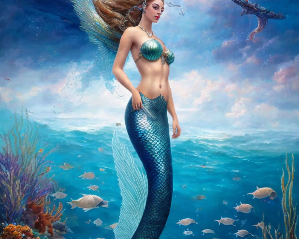 Mermaid with flowing hair and shimmering tail in underwater scene with coral and fish.