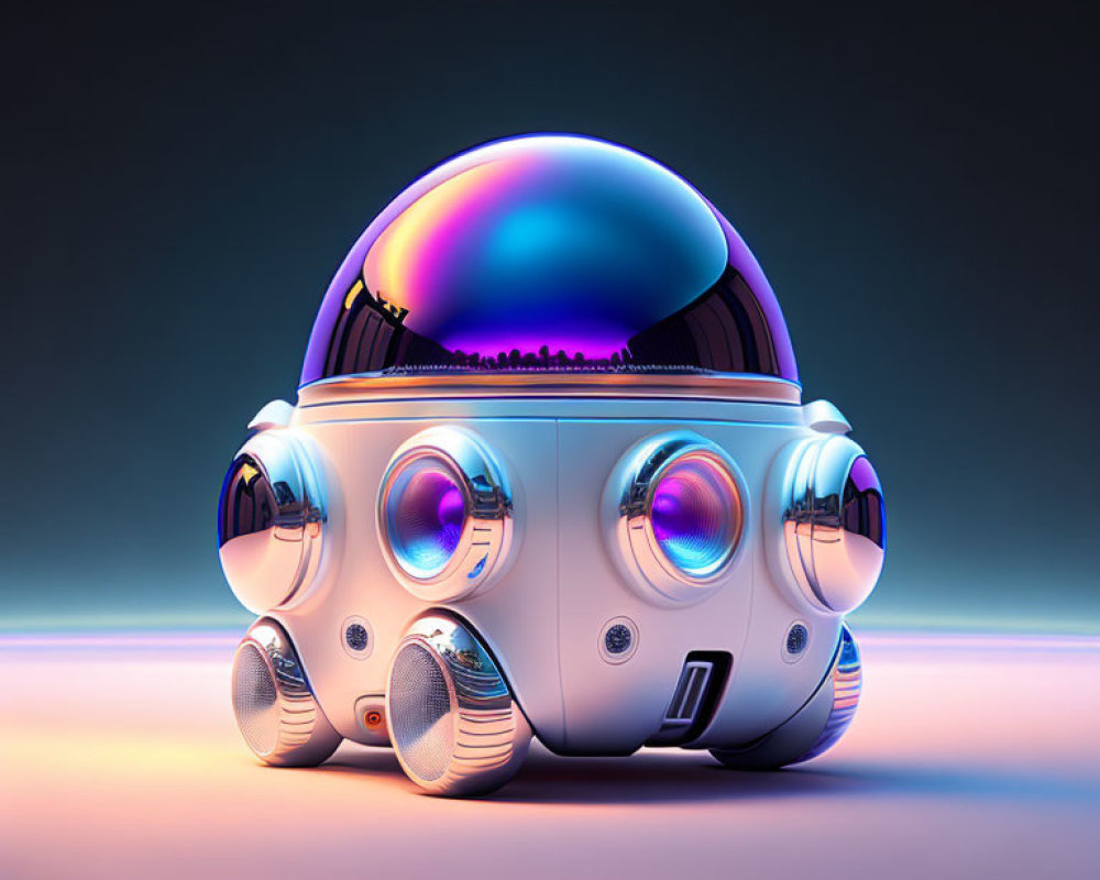 Spherical glossy robot with circular lenses on pastel gradient background