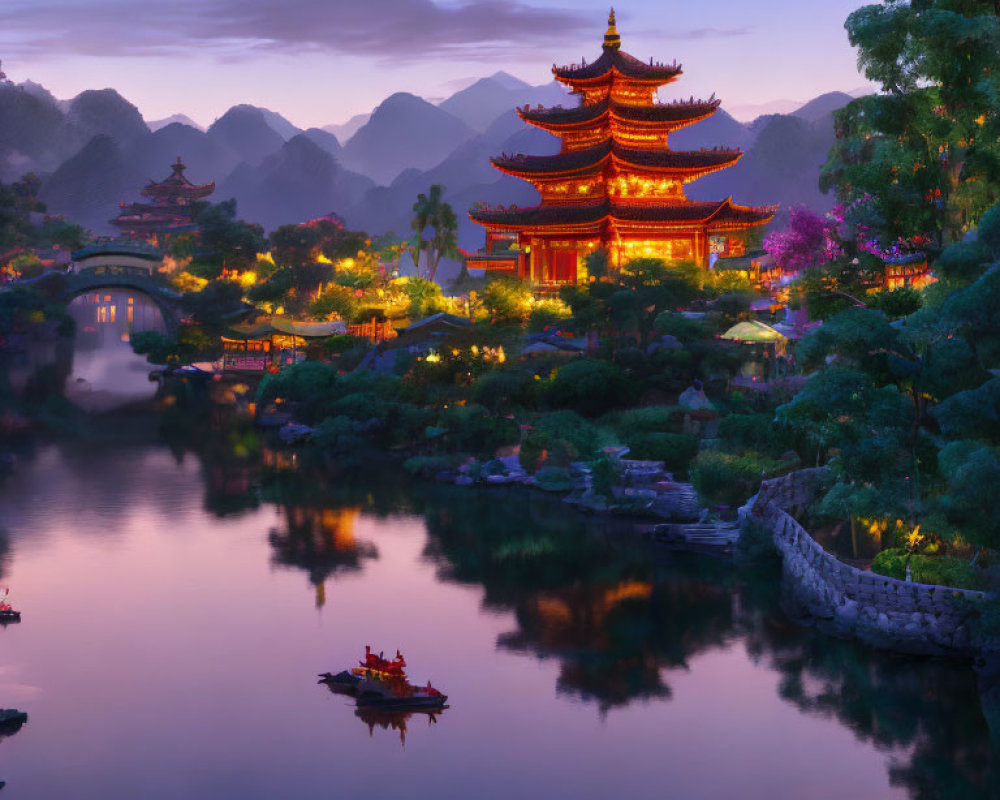 Traditional Pagoda and Buildings at Twilight by Calm Lake