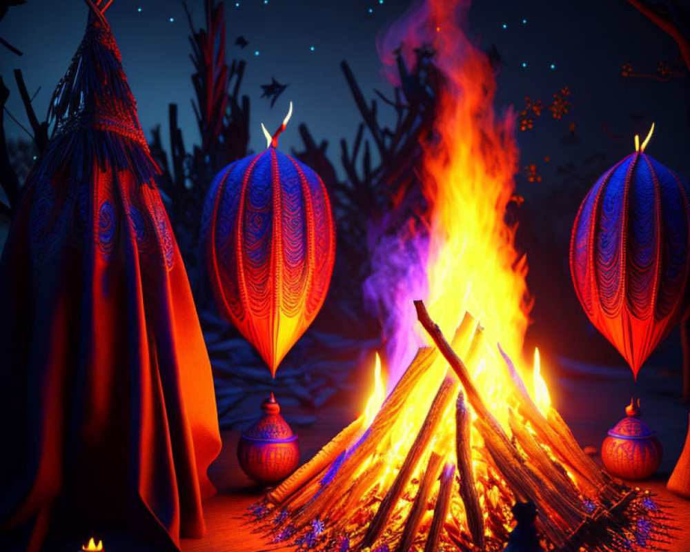 Night scene with campfire, teepee, lanterns, pottery under starry sky