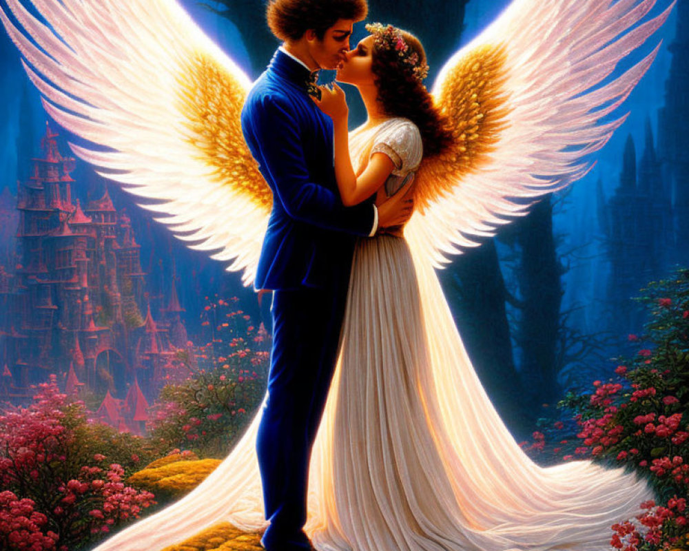 Angels with white wings kissing in forest castle setting