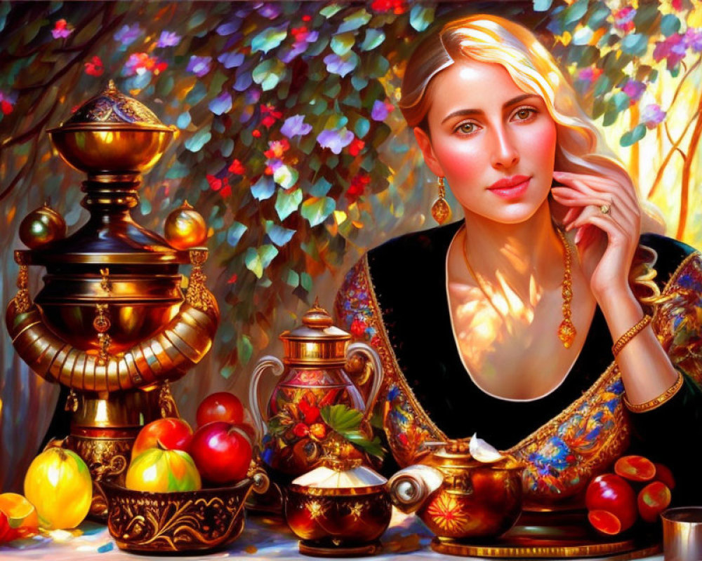 Golden-haired woman in ornate attire beside table with fruit and samovar in garden