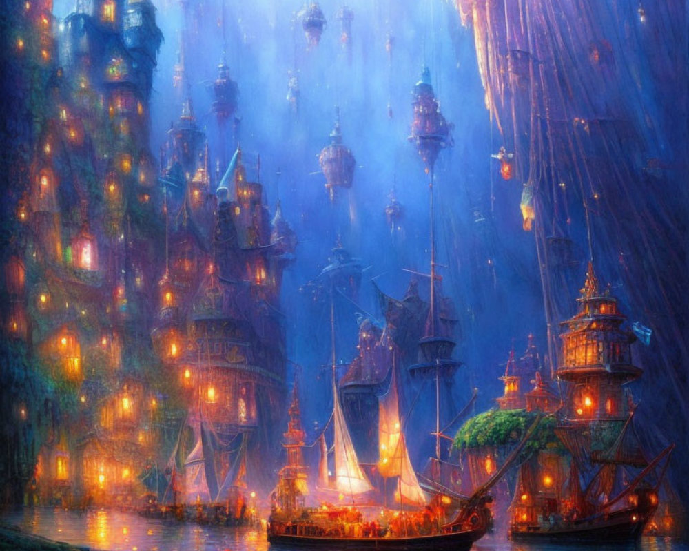 Fantasy maritime cityscape at dusk with towering buildings and floating lanterns