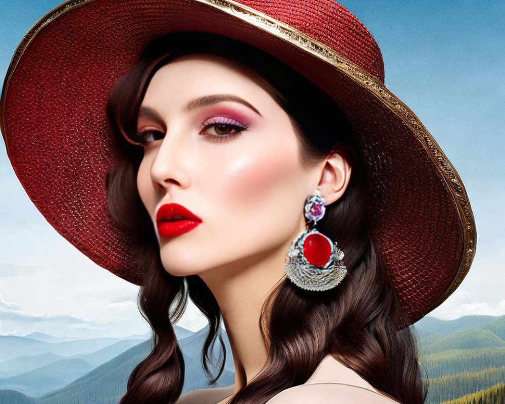 Woman with Red Hat and Dramatic Makeup Against Mountainous Backdrop