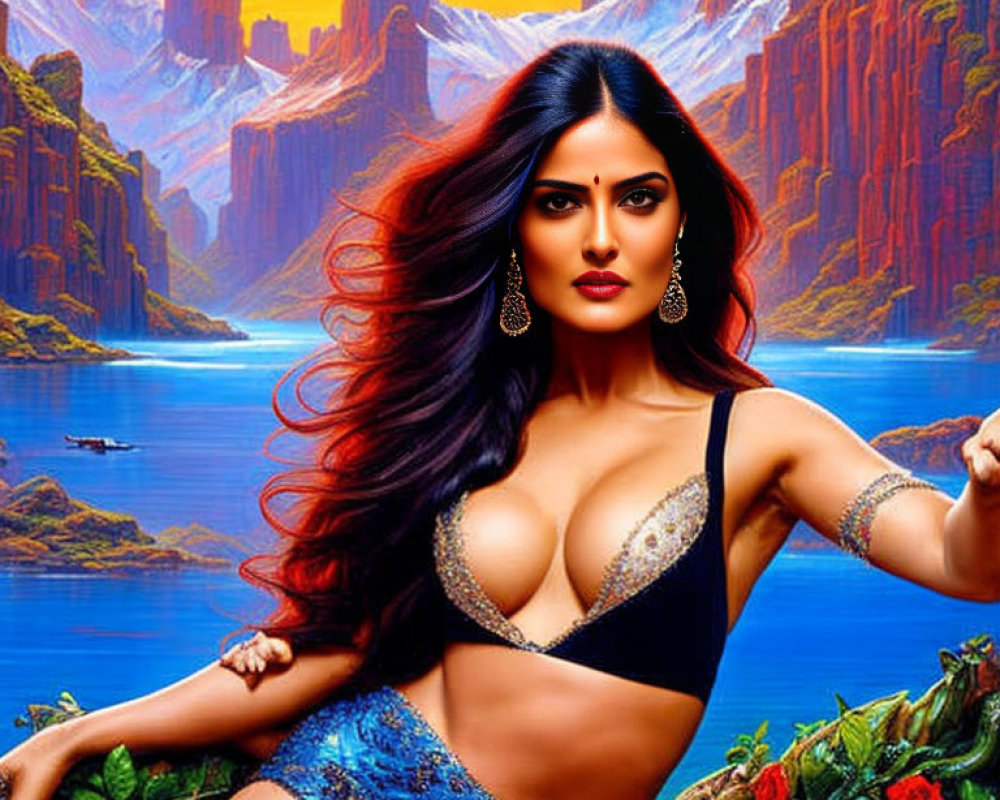 Woman with long hair and bindi in confident pose against vivid landscape