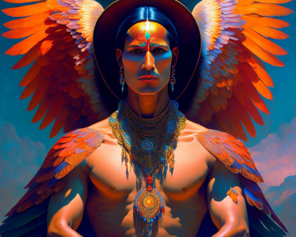 Person with Vibrant Orange Angelic Wings and Golden Tribal Jewelry on Blue Background