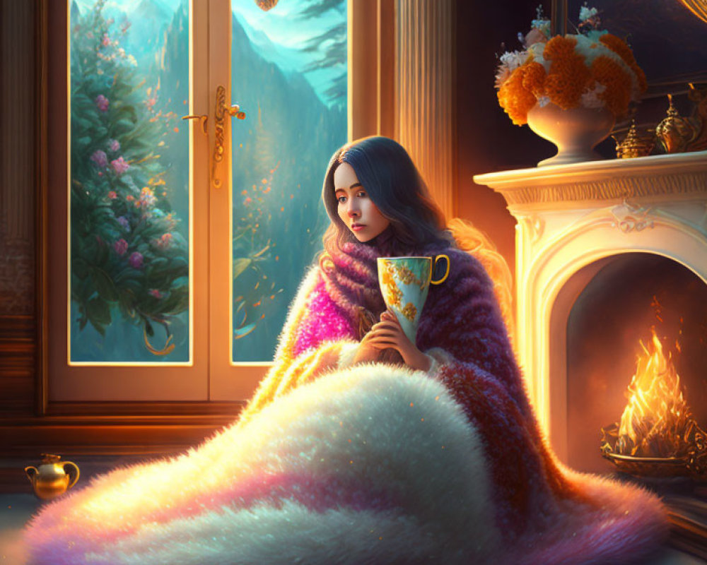 Person sitting by fireplace with colorful blanket, cup, snowy landscape view