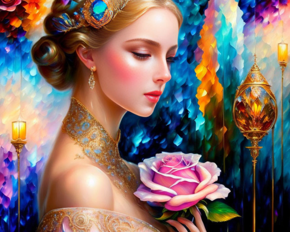 Elegant Woman with Tiara Holding Rose Amid Colorful Brushstrokes