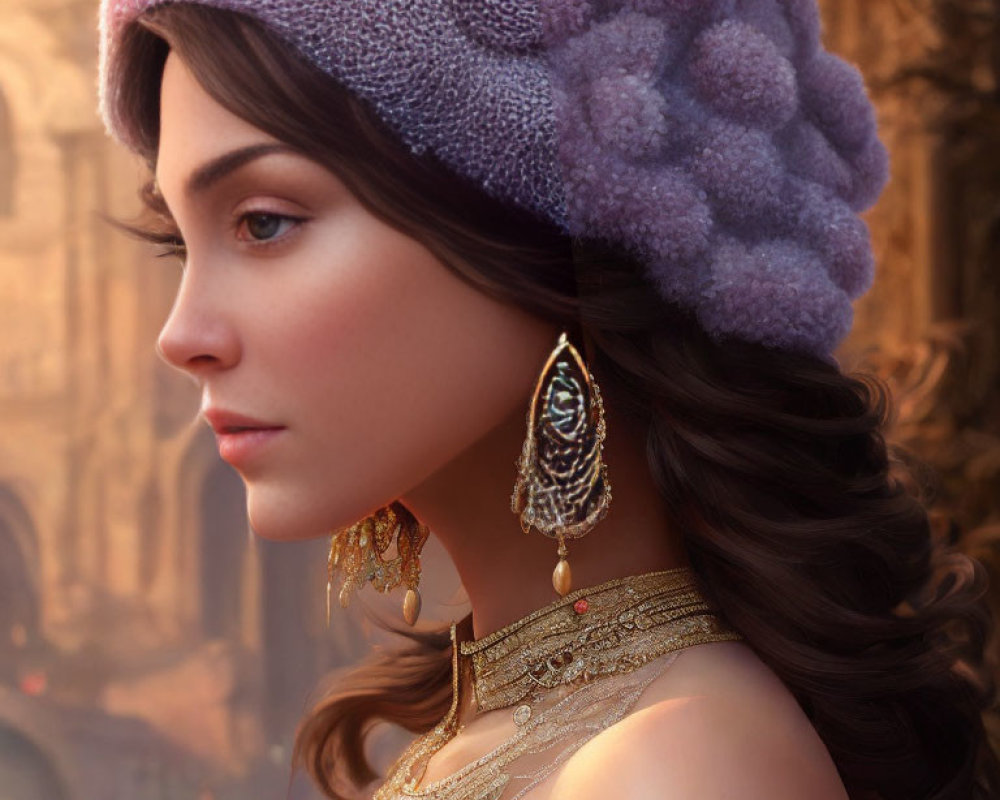 Detailed digital artwork of woman in textured hat and elegant earrings, set in grand background.