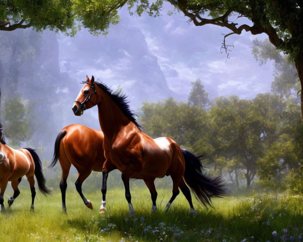 Herd of Horses Galloping in Sunlit Forest Clearing