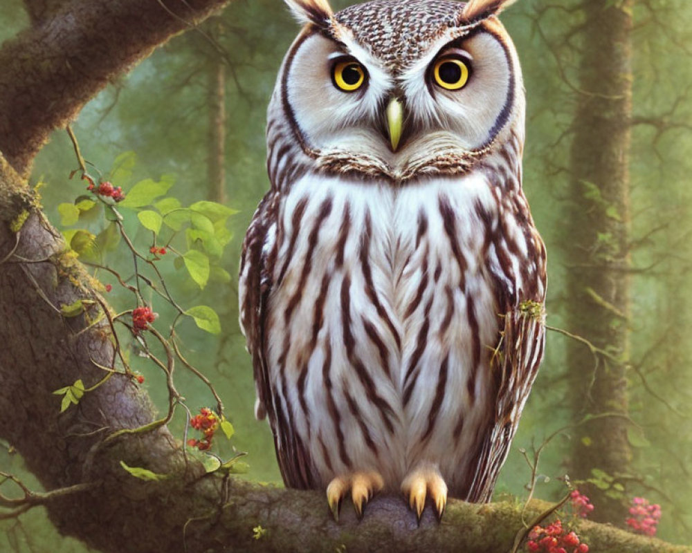 Striking yellow-eyed owl on misty forest tree branch