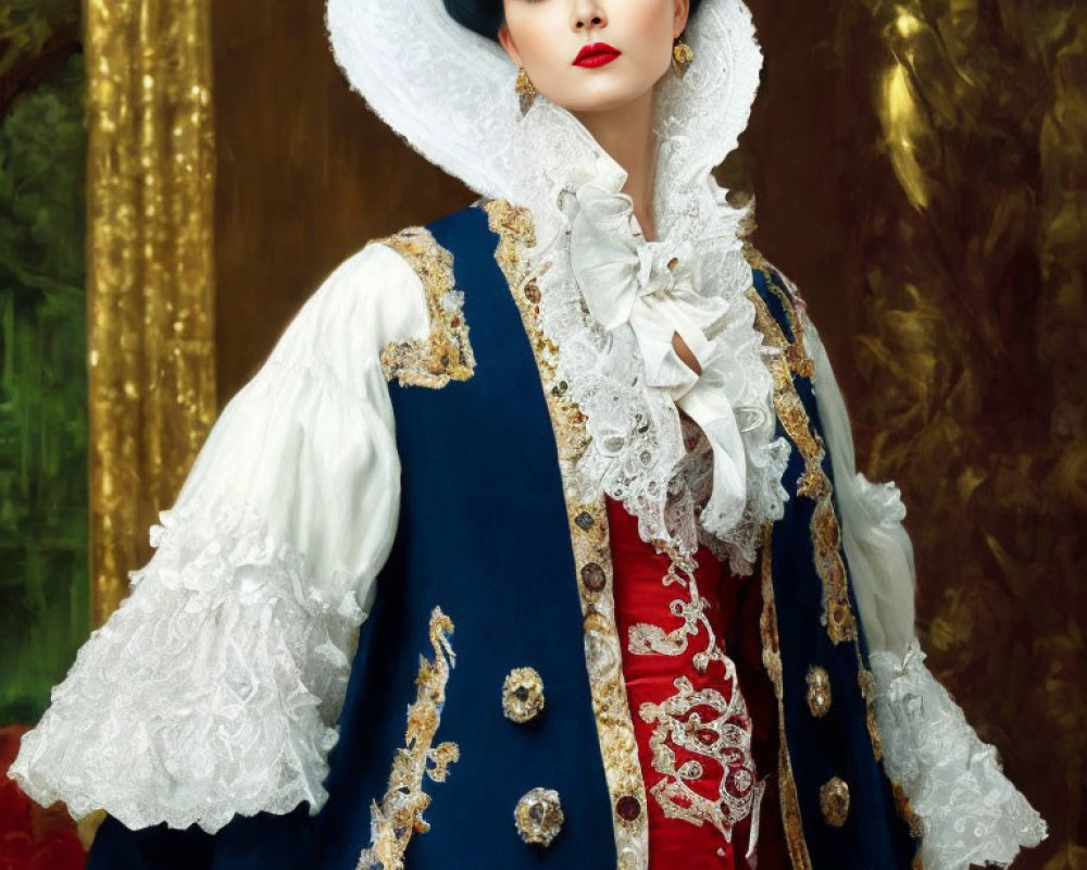 Elaborate period costume with blue and gold coat, white ruffled collar, red corset,