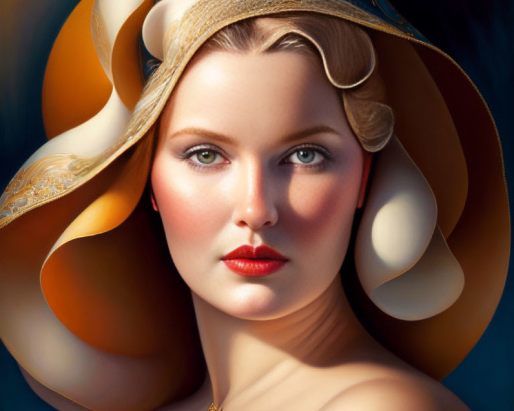 Digital portrait of woman with golden swirls, headpiece, red lips, serene expression on blue backdrop