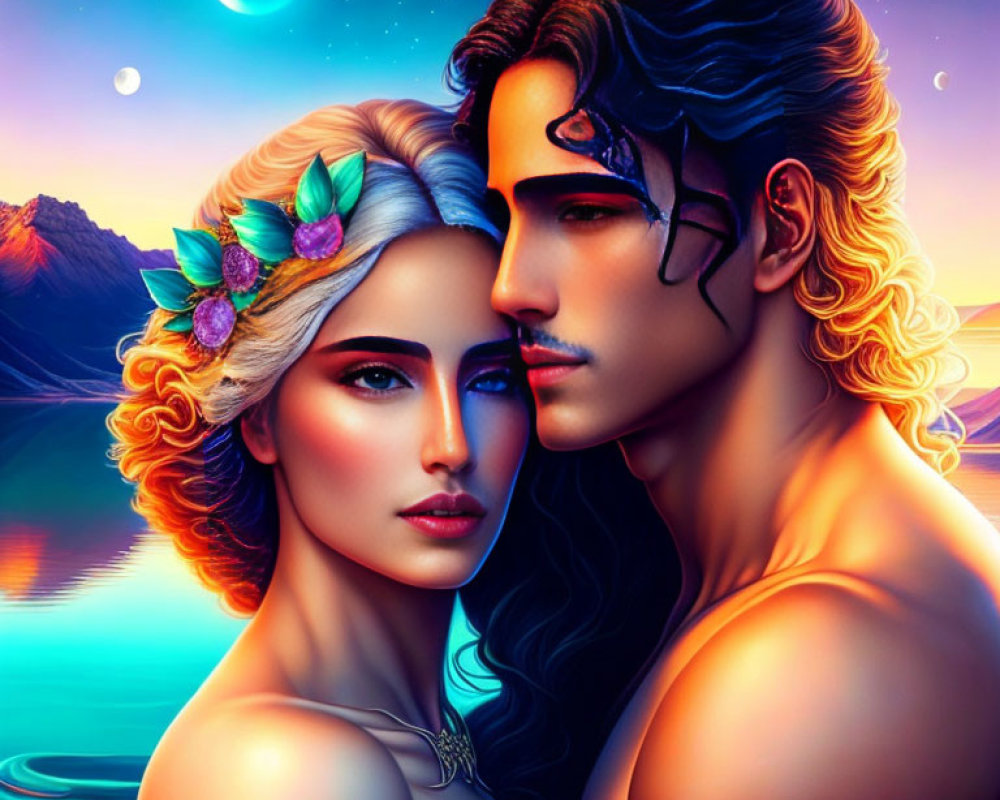 Fantasy-themed digital illustration of man and woman at vibrant sunset