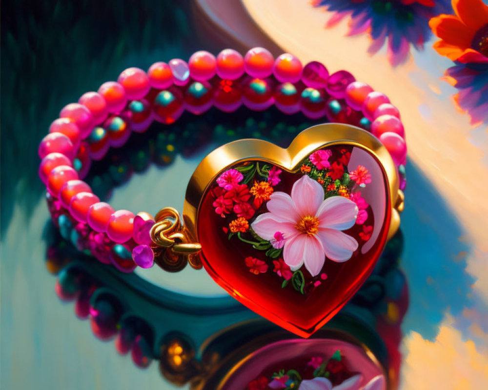 Heart-shaped locket and pink beaded bracelet on reflective surface with floral designs