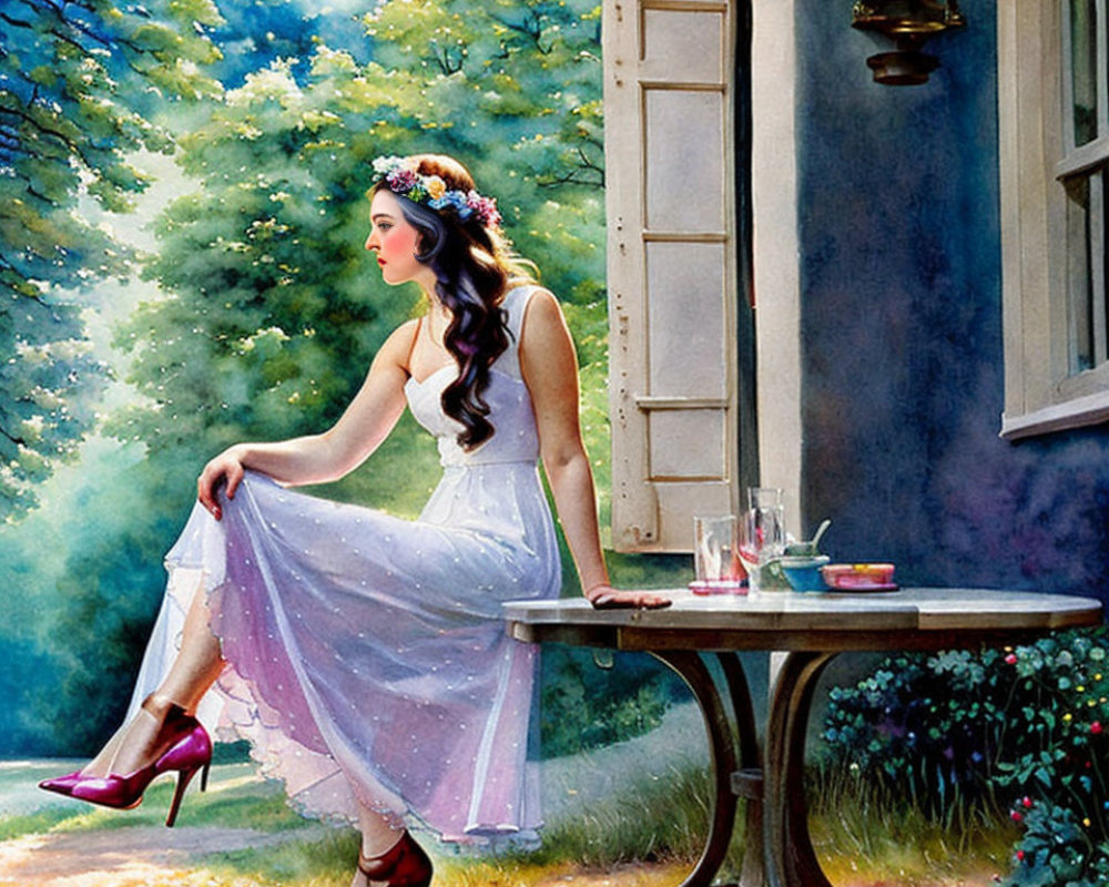 Woman in white dress and pink heels sitting in serene garden with beverage and round table