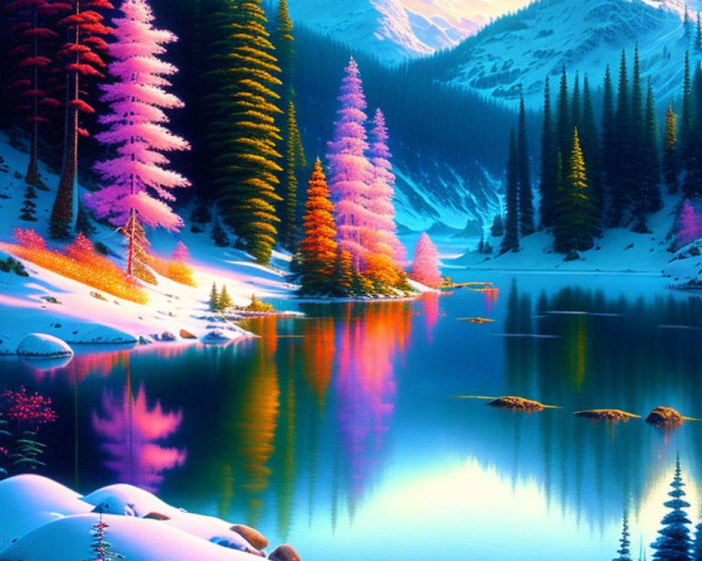 Colorful Snowy Landscape with Lake, Pine Trees, and Mountains