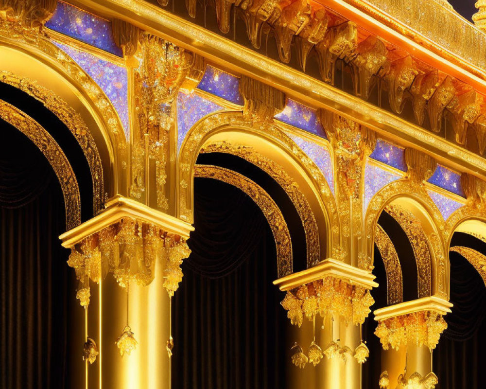 Opulent golden theater interior with columns and starry blue lighting