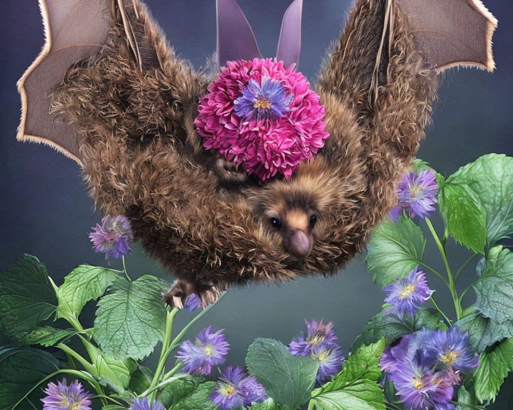 Pink Flowered Bat Among Purple Flowers and Green Foliage