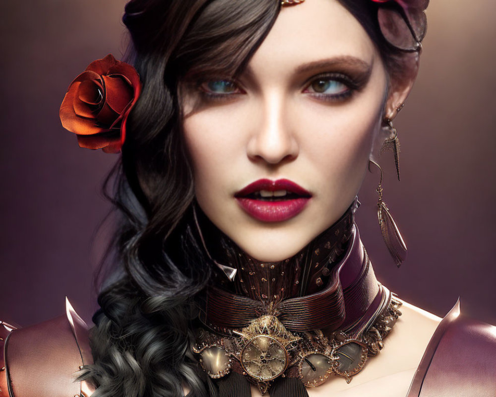 Digital artwork of woman with wavy hair, steampunk-inspired attire and headpiece