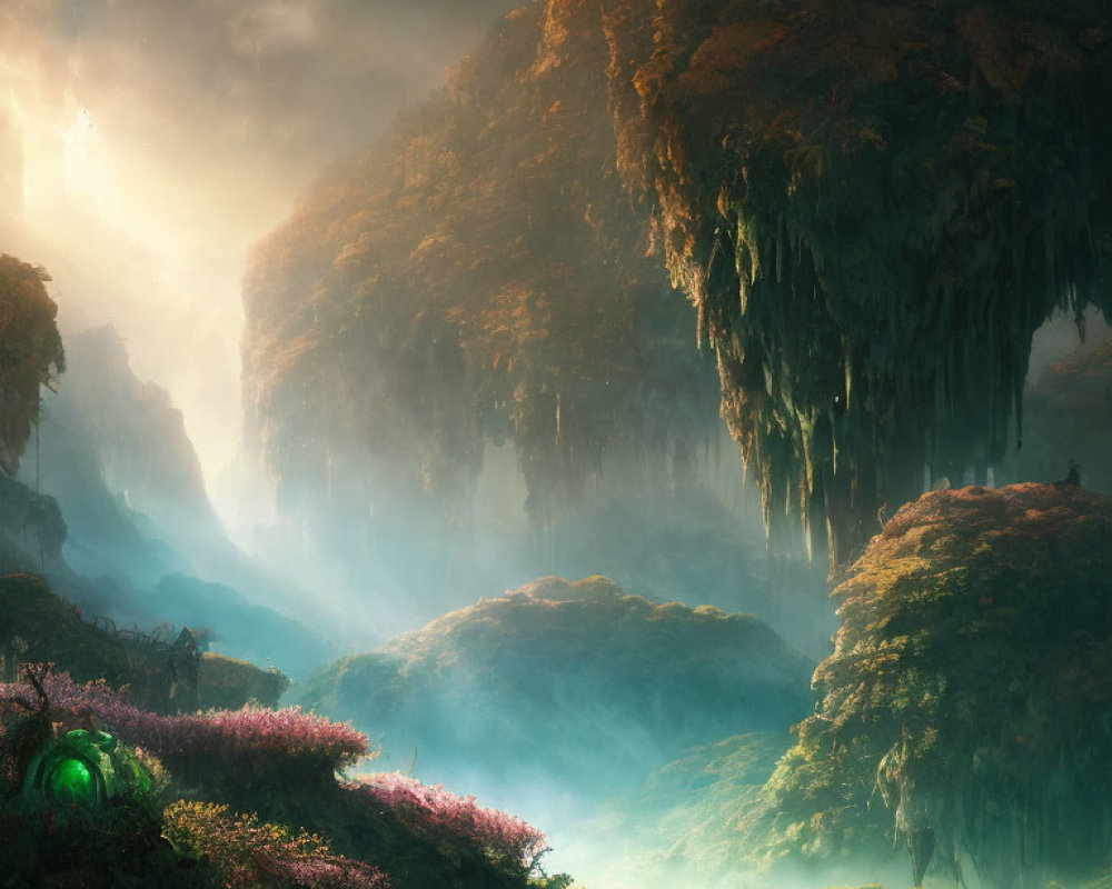 Mystical landscape with lush greenery, hanging cliffs, ambient light, and vibrant forest scene