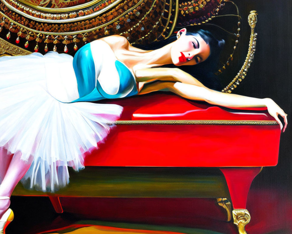 Woman in white and blue ballet outfit reclining on red piano with ornate golden decor.