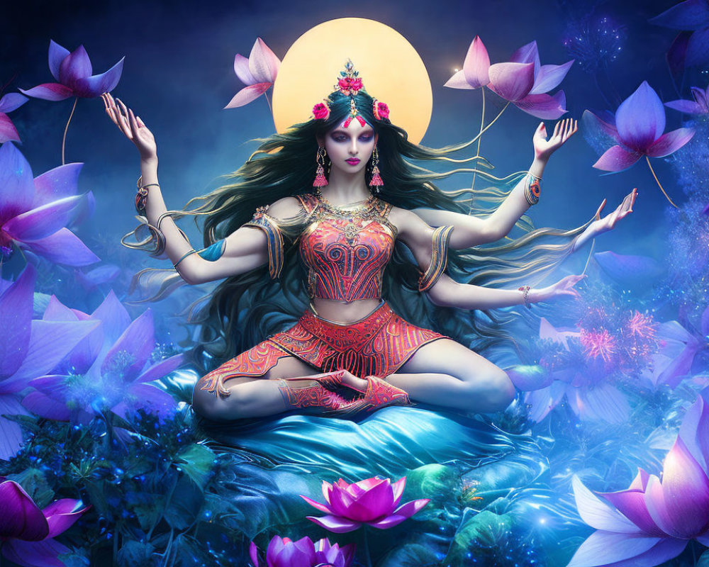 Ornately dressed multi-armed woman meditates among lotus flowers