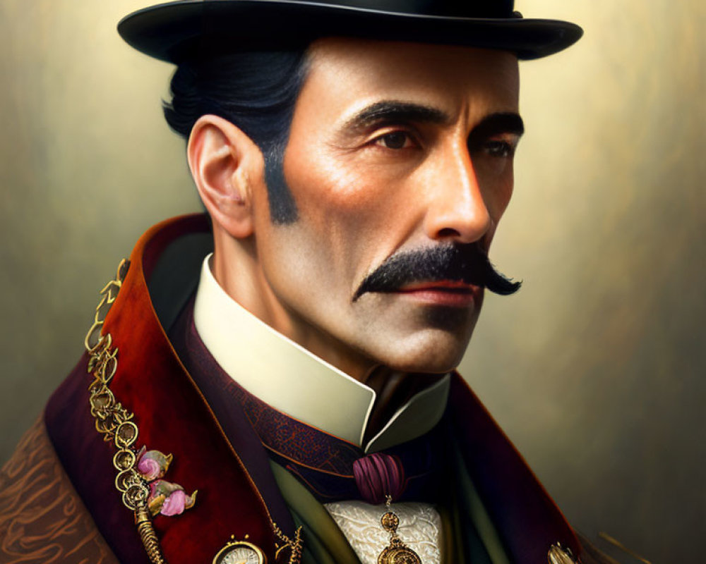 Portrait of a man with a distinguished mustache in top hat and decorated coat