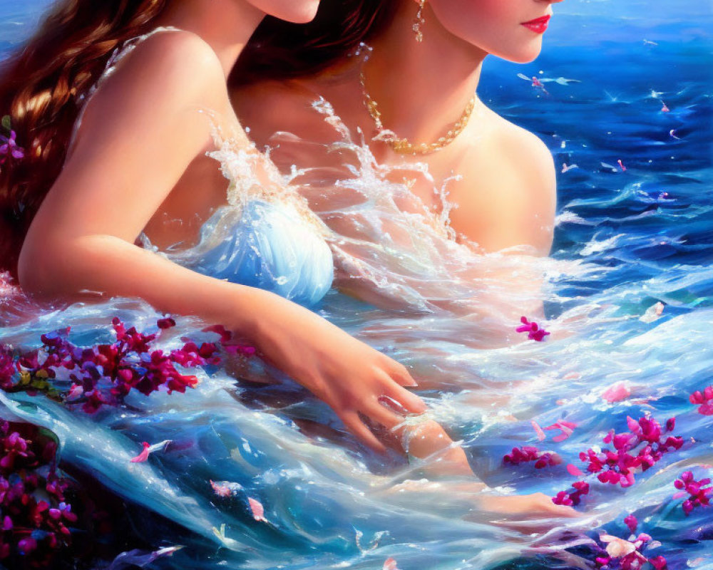 Two women in floral dresses submerged in water with floating flowers on blue background