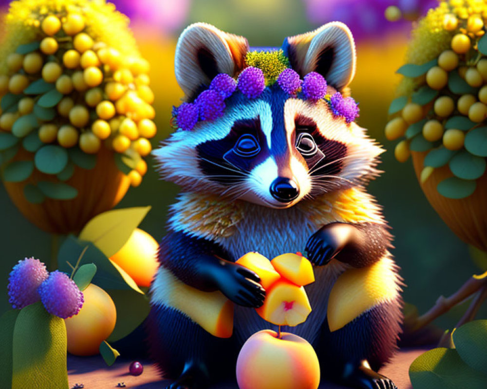 Illustration of a raccoon with floral crown and star-shaped fruit among vibrant flowers.