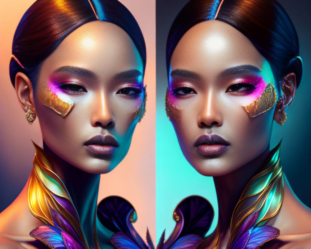 Colorful makeup and butterfly wing attire on mirrored model against gradient background